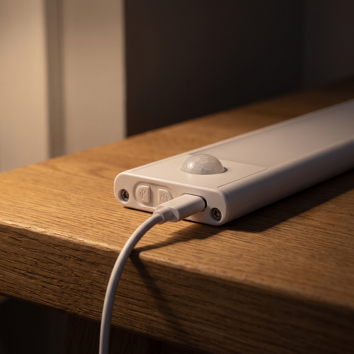 USB-C-johto kytkettynä Lyran päätyyn, liiketunnistin näkyy vieressä